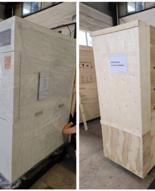 The sterilizer was plastic-sealed for protection and packed in wooden cases to prepare for transportation