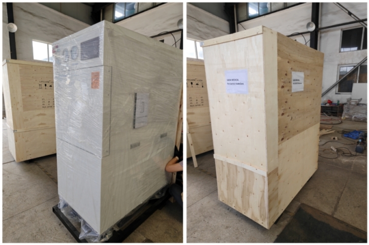 The sterilizer was plastic-sealed for protection and packed in wooden cases to prepare for transportation