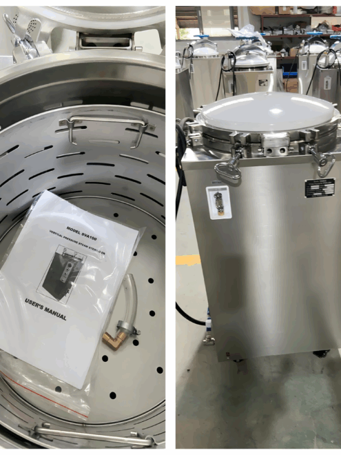 Inner chamber and stainless steel sterilization baskets of 100L vertical autoclave