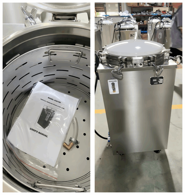Inner chamber and stainless steel sterilization baskets of 100L vertical autoclave