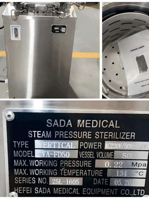 Inside chamber of VA-FD50 vertical autoclave with stainless steel baskets