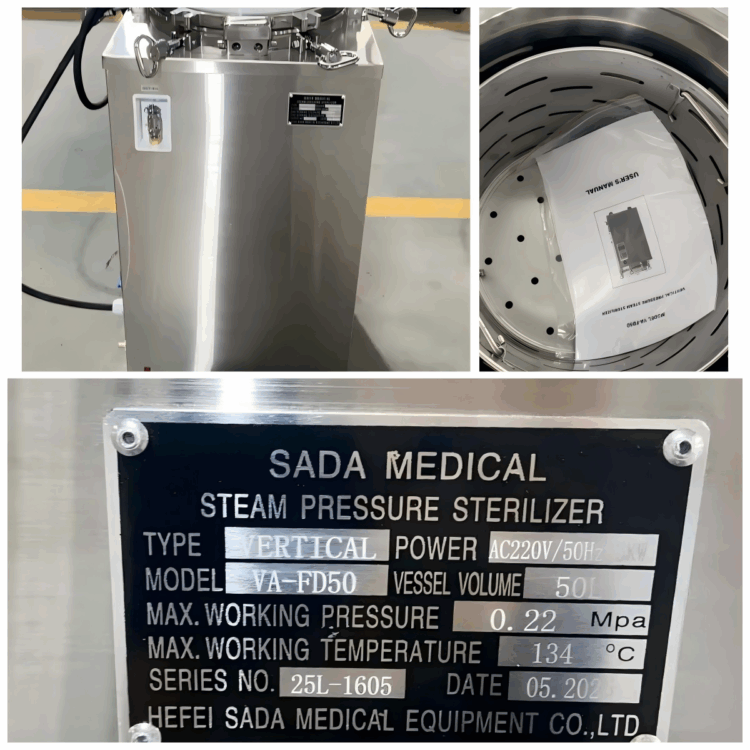 Inside chamber of VA-FD50 vertical autoclave with stainless steel baskets