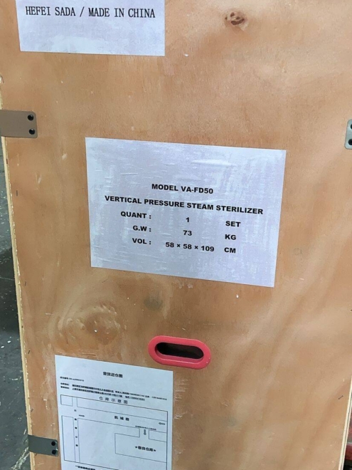 VA-FD50 vertical autoclave securely packed for export