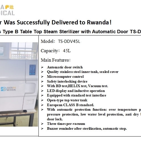 Reliable Tabletop Autoclave Sterilizers – 2 TS-DDV45L Units Delivered to Rwanda SADA Medical
