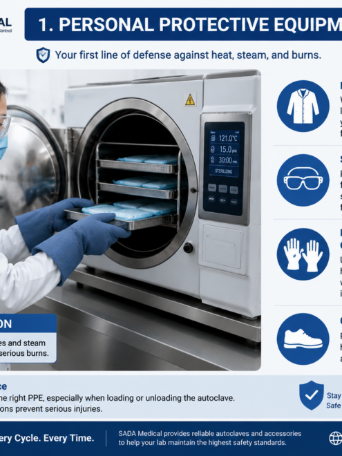 Lab technician wearing PPE unloading autoclave