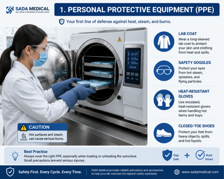 Lab technician wearing PPE unloading autoclave